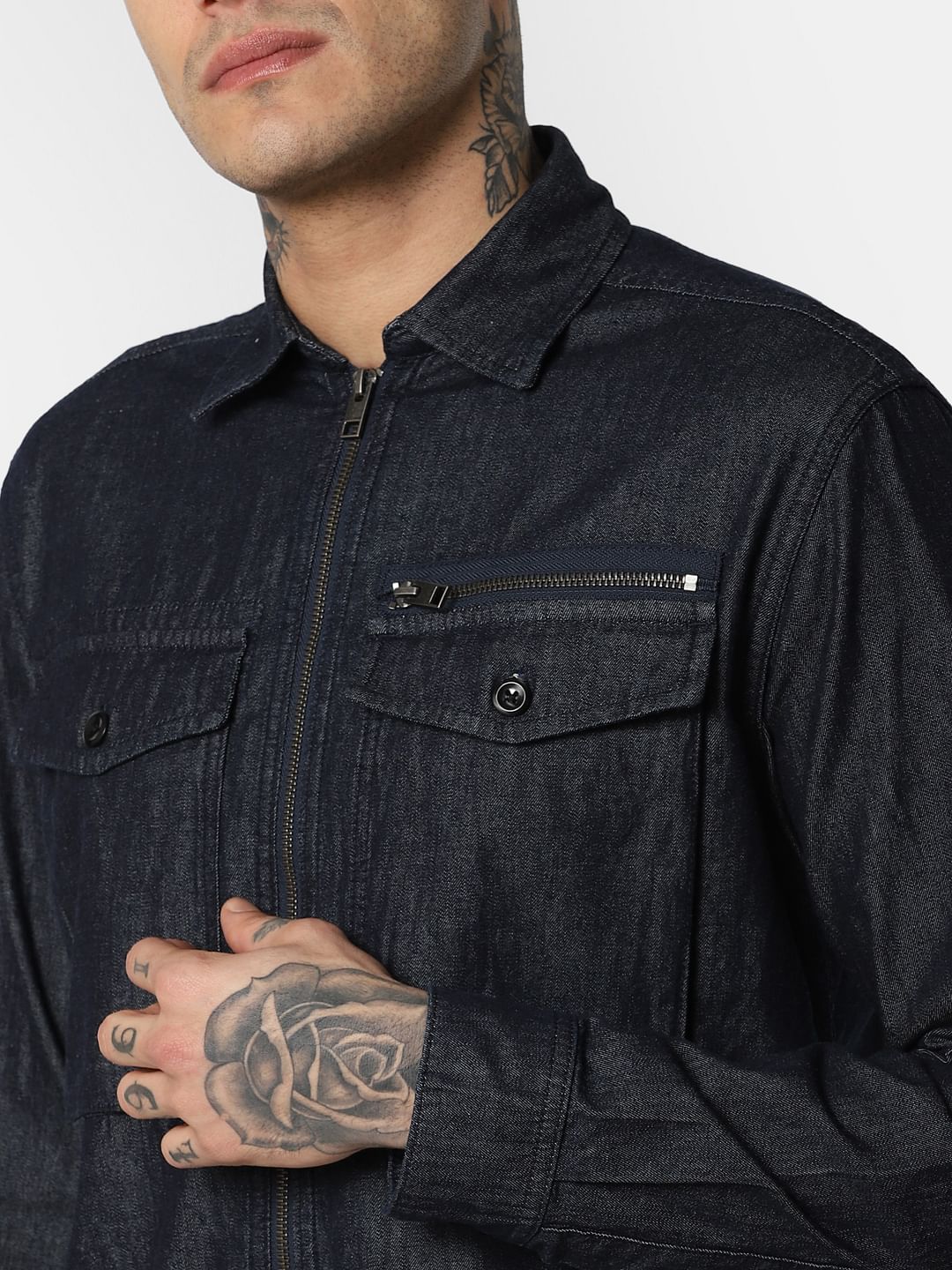 Dark Blue Zip Up Denim Full Sleeves Shirt