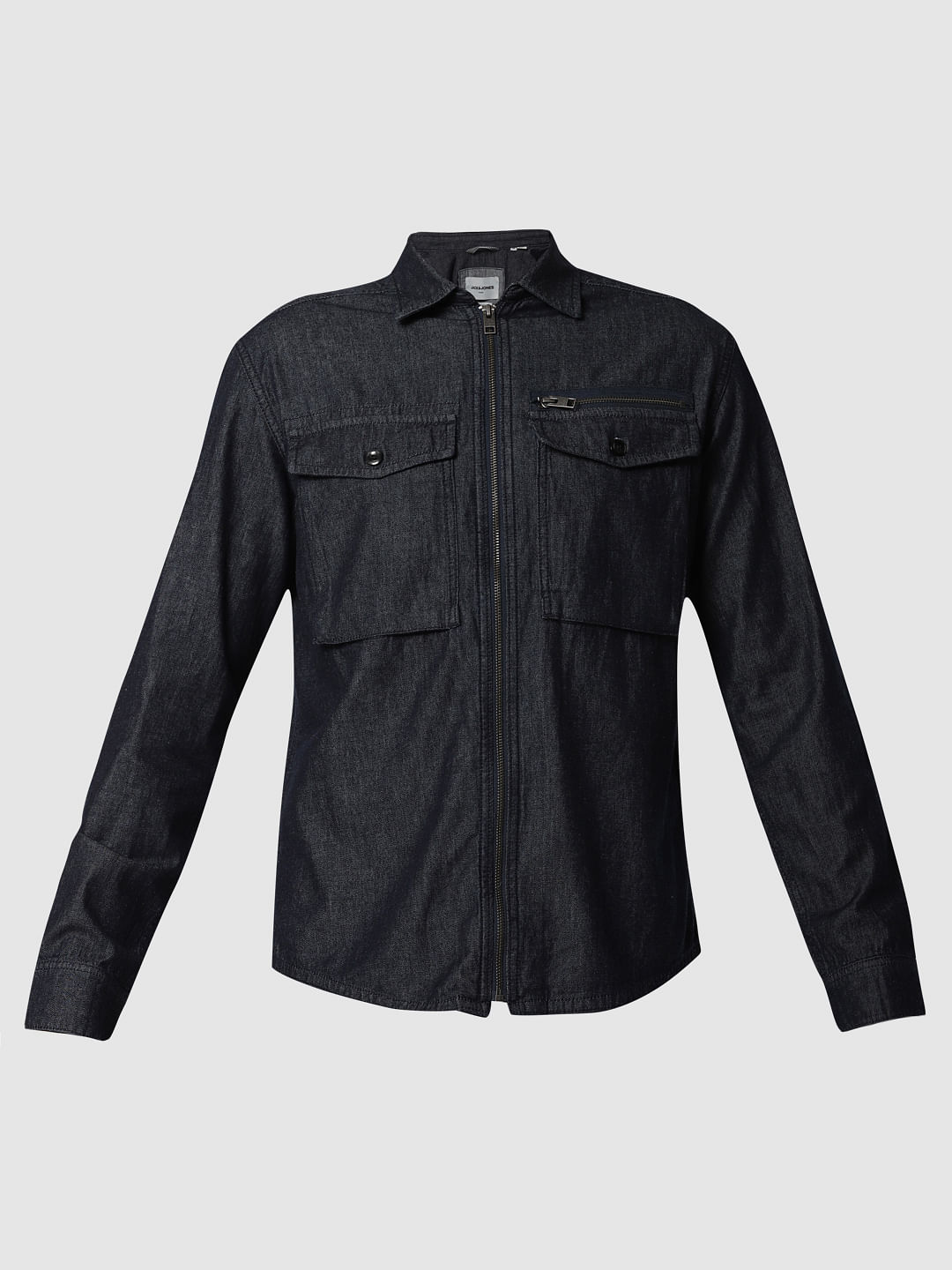 Dark Blue Zip Up Denim Full Sleeves Shirt