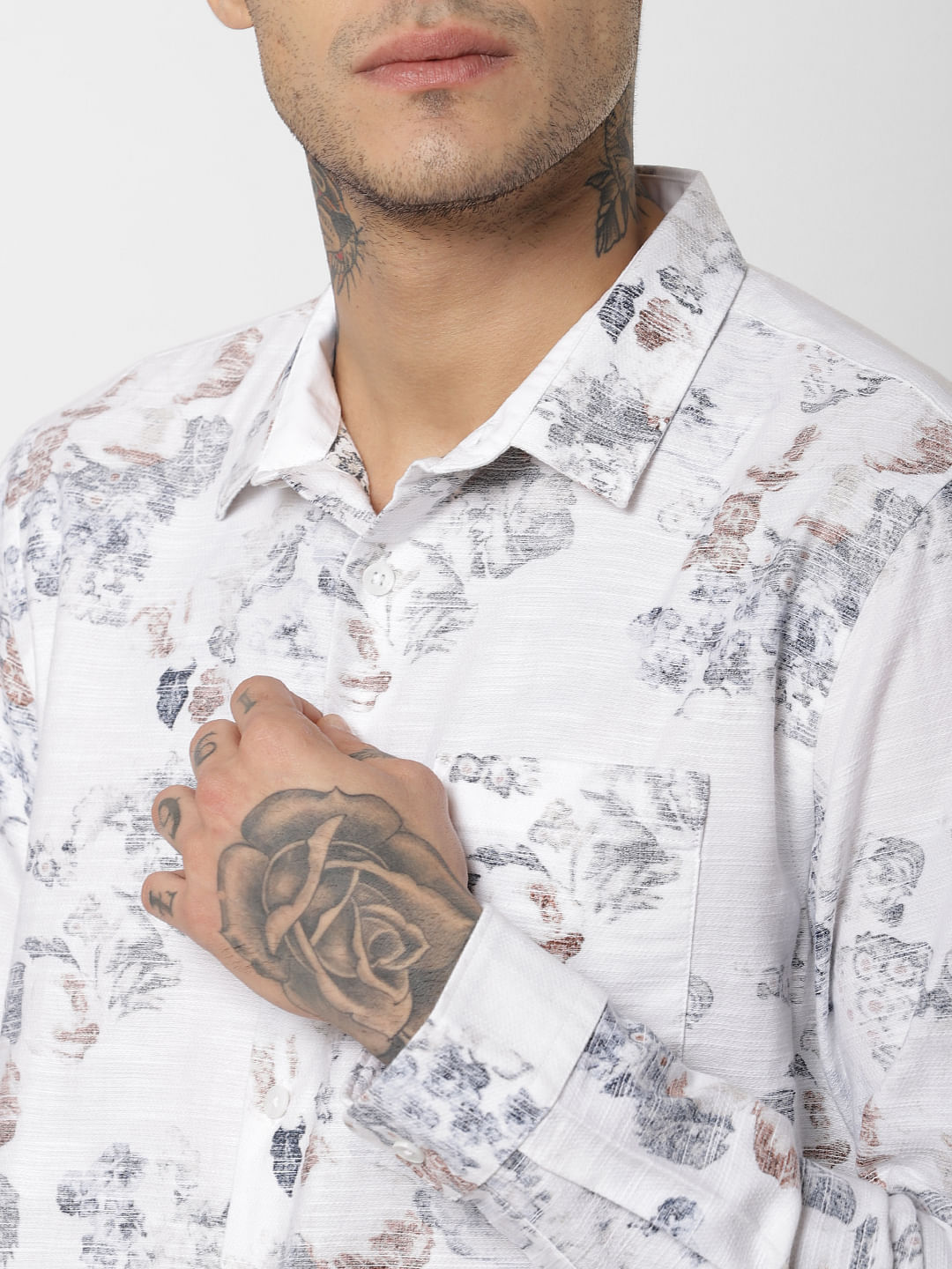 White Floral Print Full Sleeves Shirt