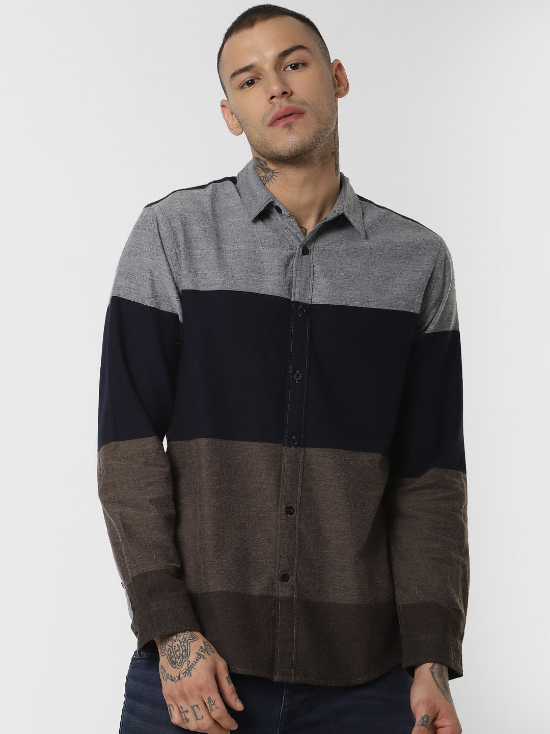 Brown Colourblocked Full Sleeves Shirt
