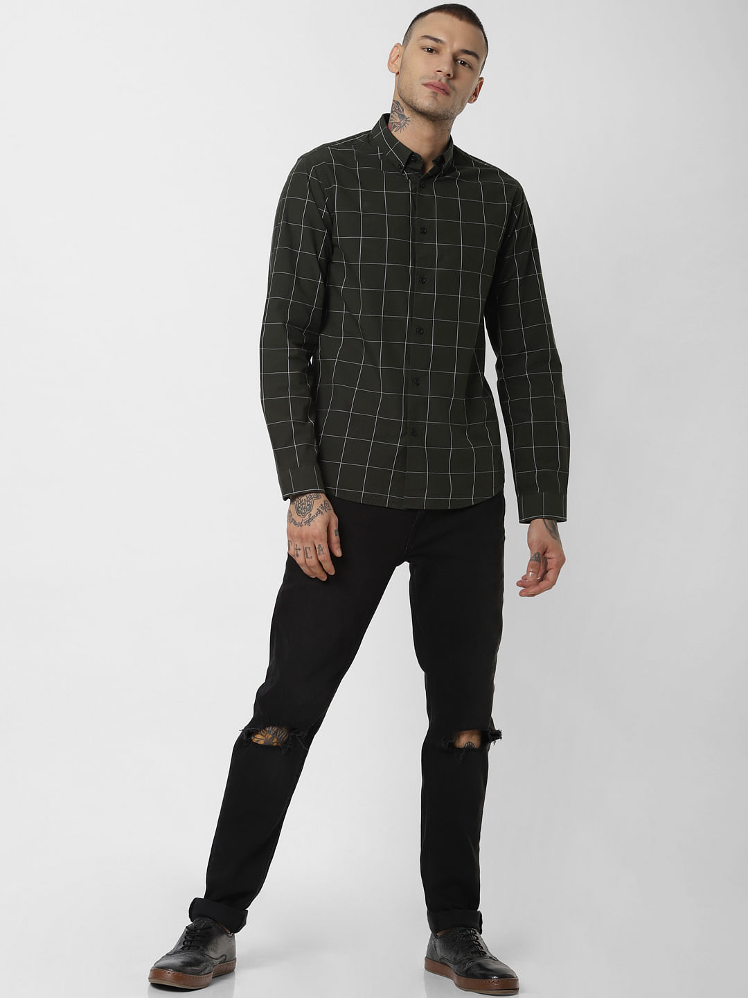 Dark Green Check Full Sleeves Shirt