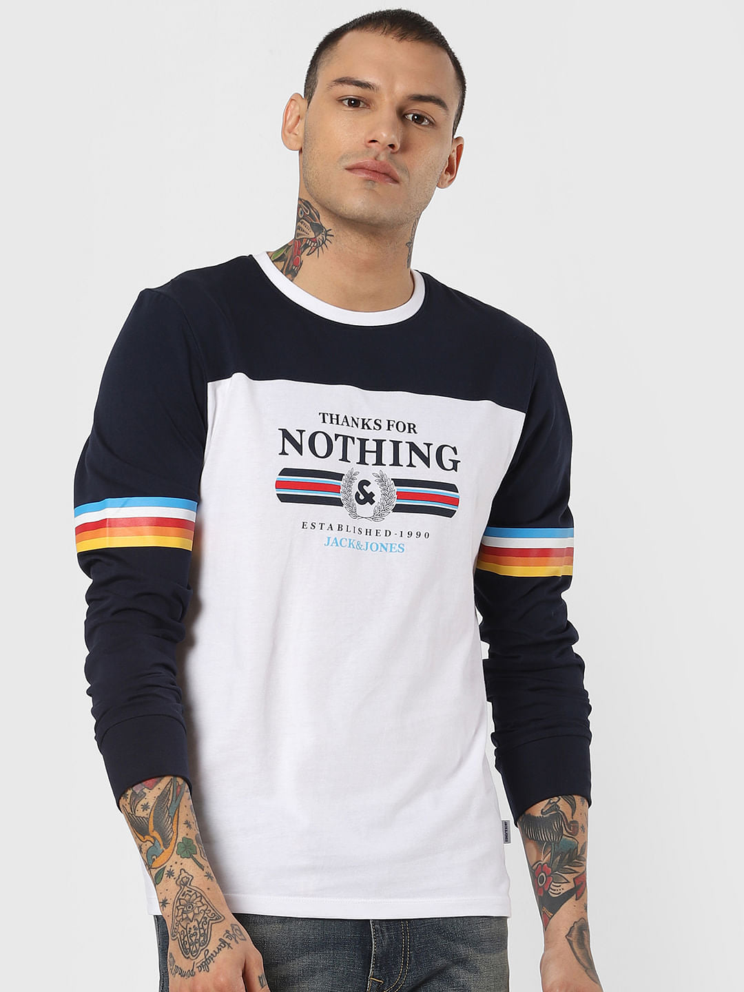 White Colourblocked Crew Neck T-Shirt
