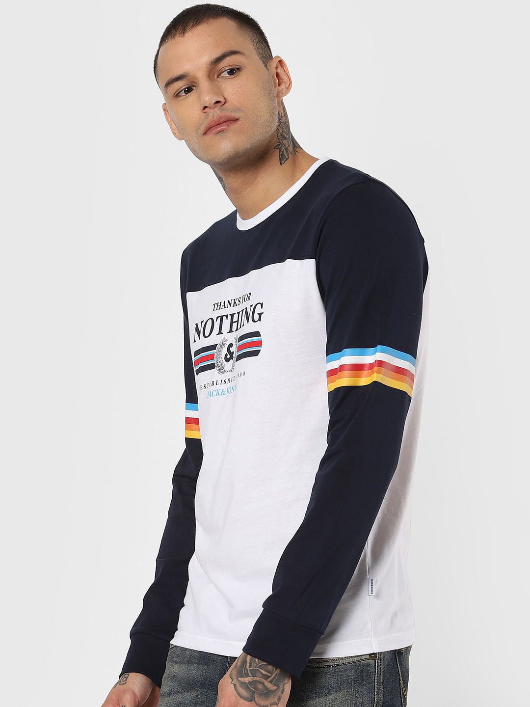 White Colourblocked Crew Neck T-Shirt