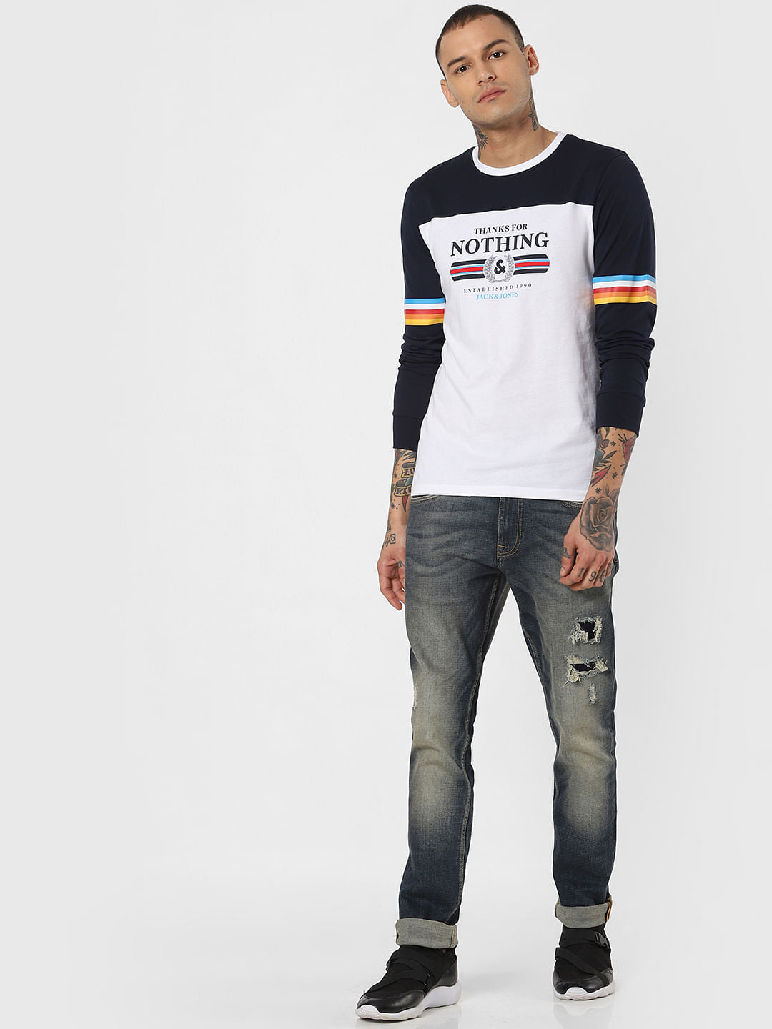 White Colourblocked Crew Neck T-Shirt