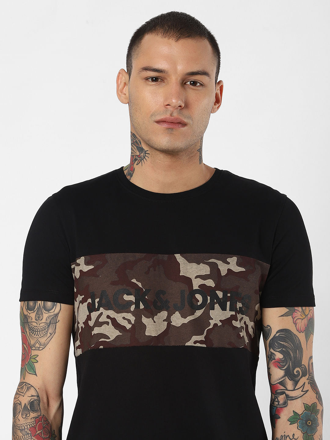 Black Camo Print Crew Neck T-Shirt