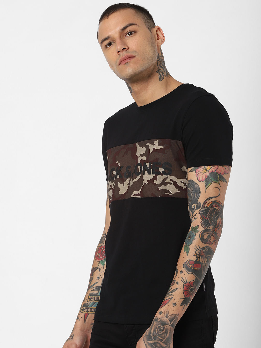 Black Camo Print Crew Neck T-Shirt