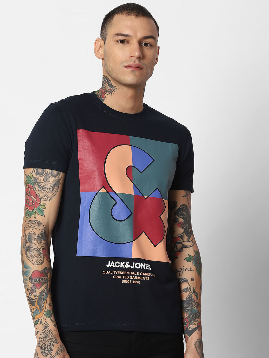 Navy Blue Logo Print Crew Neck T-Shirt