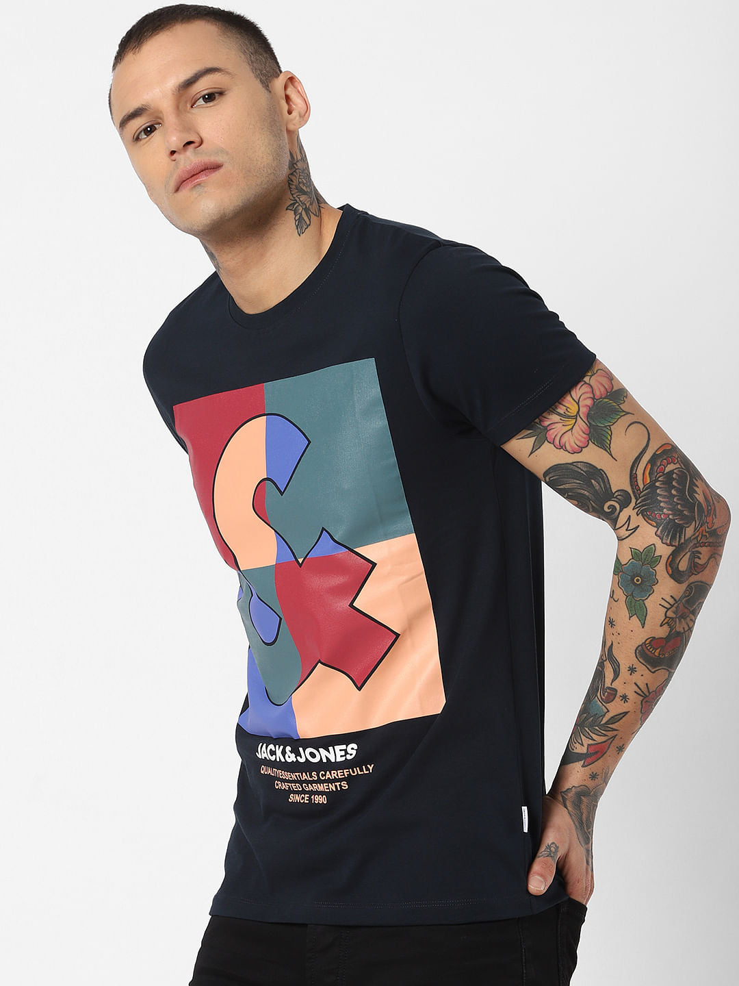 Navy Blue Logo Print Crew Neck T-Shirt