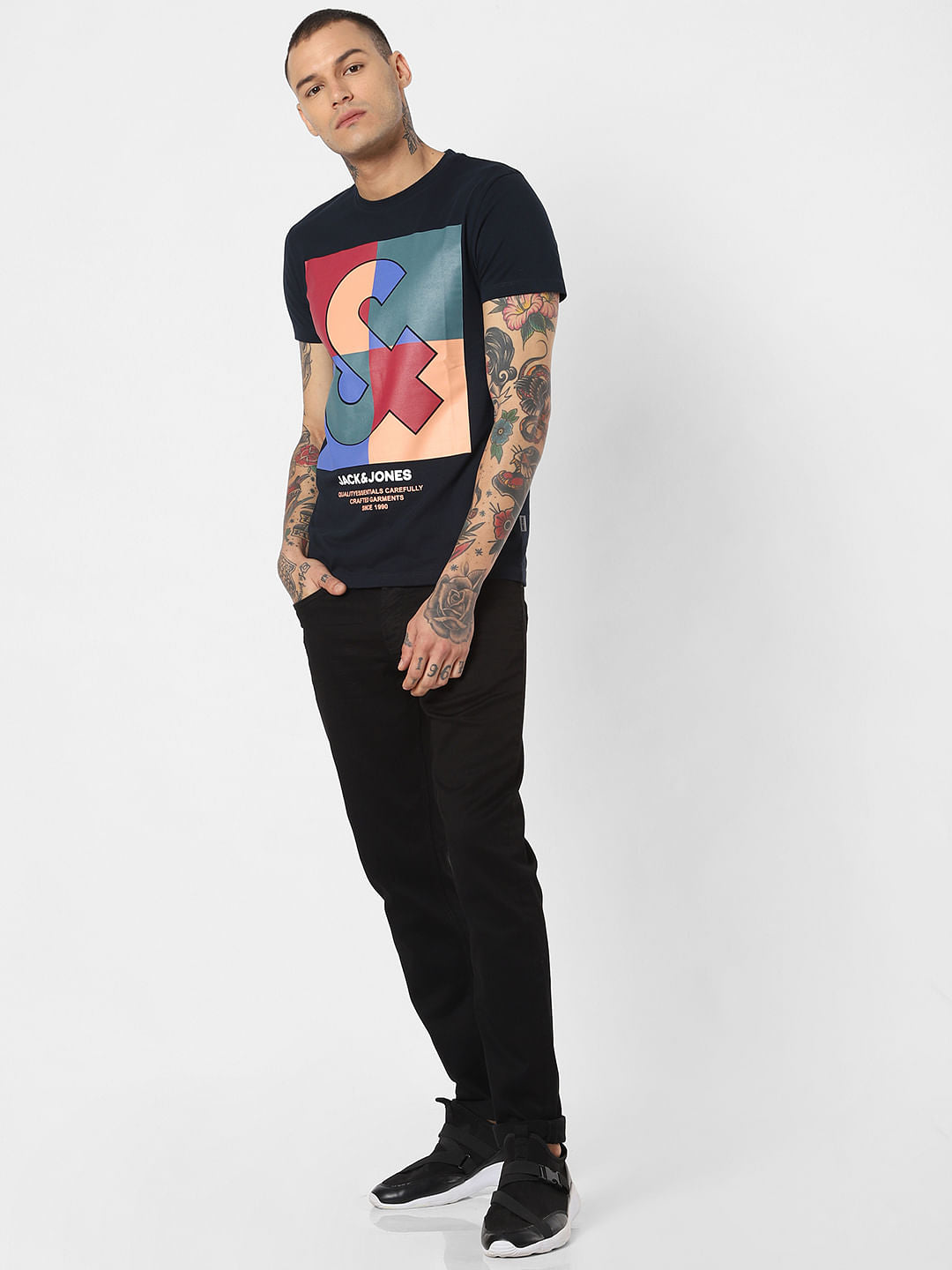 Navy Blue Logo Print Crew Neck T-Shirt
