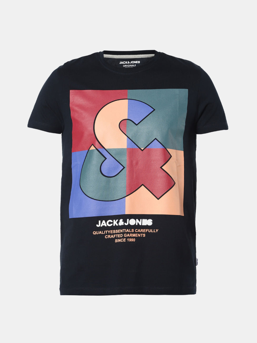 Navy Blue Logo Print Crew Neck T-Shirt