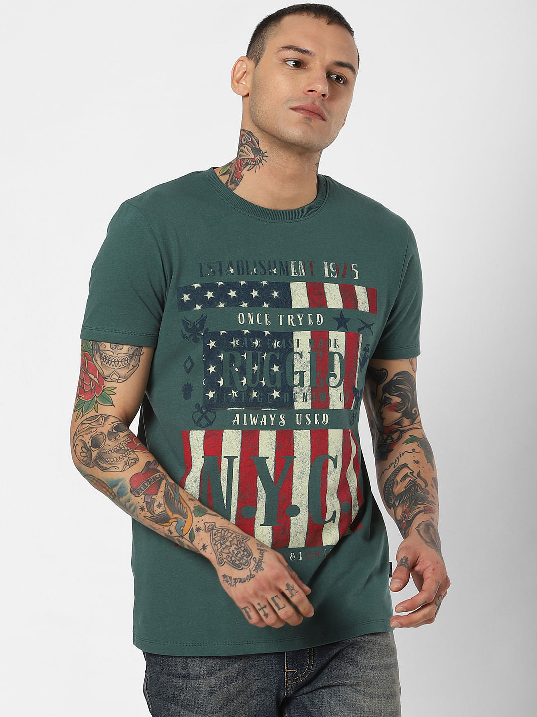 Green Nyc Print Crew Neck T-Shirt