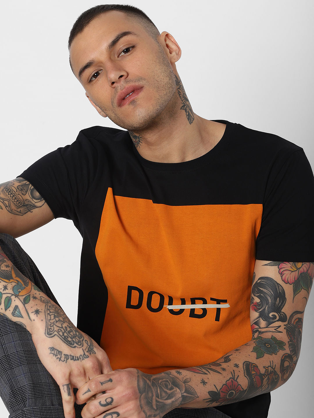 Black Text Print Crew Neck T-Shirt