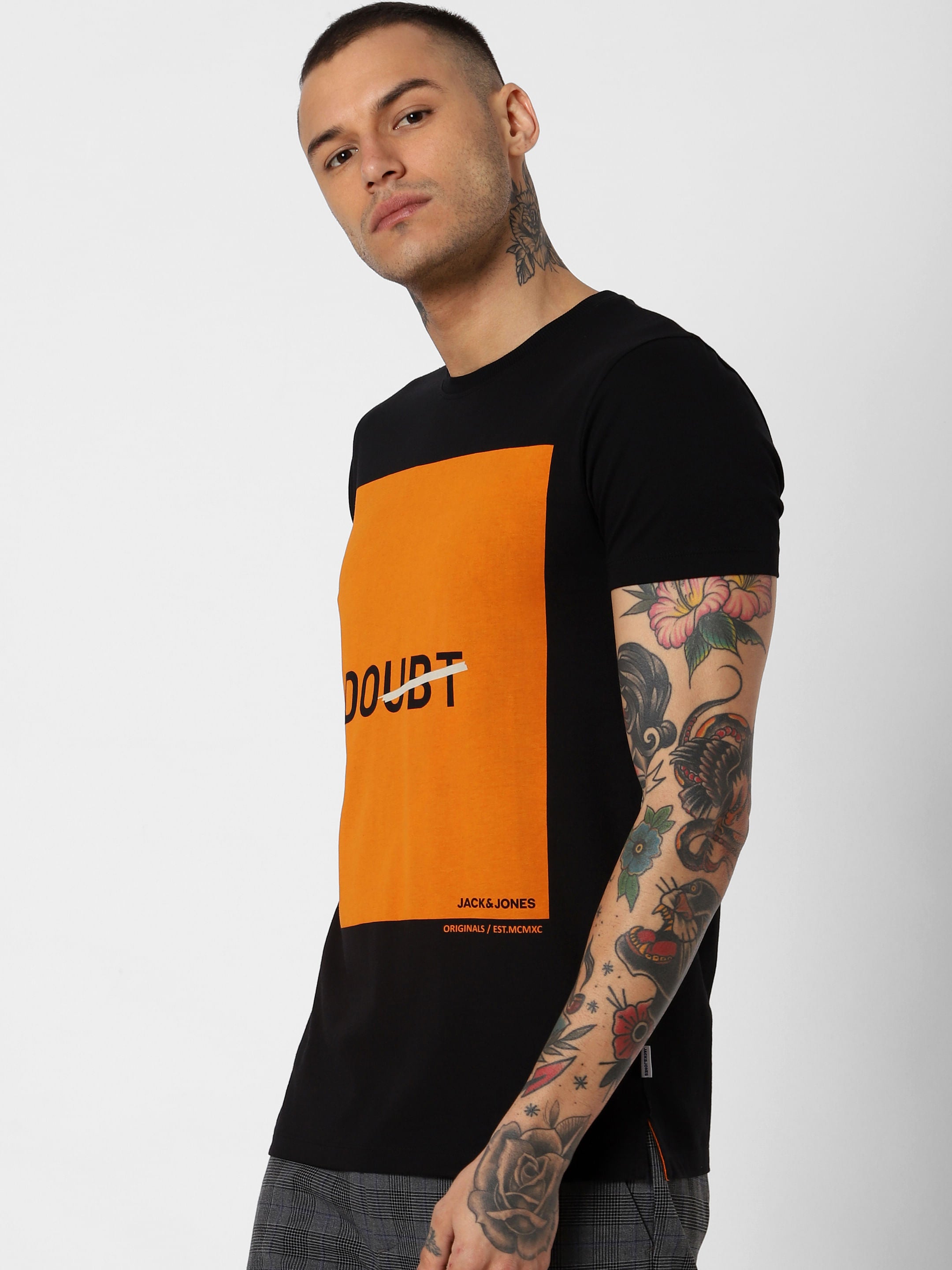Black Text Print Crew Neck T-Shirt