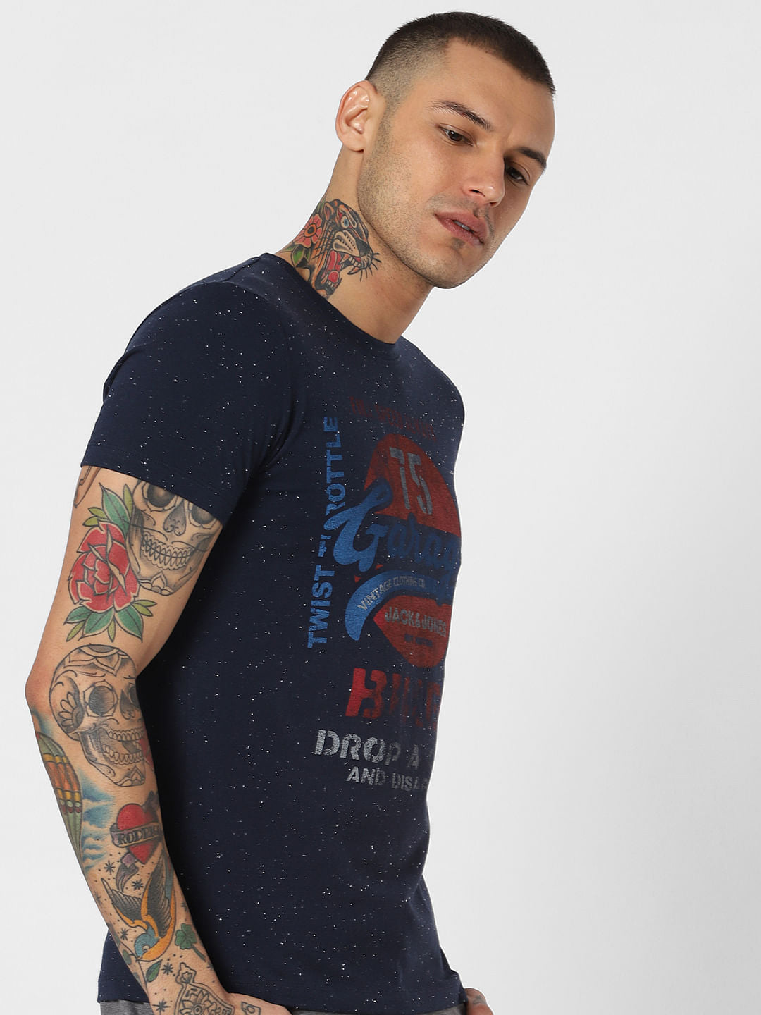 Navy Blue Typographic Print Crew Neck T-Shirt