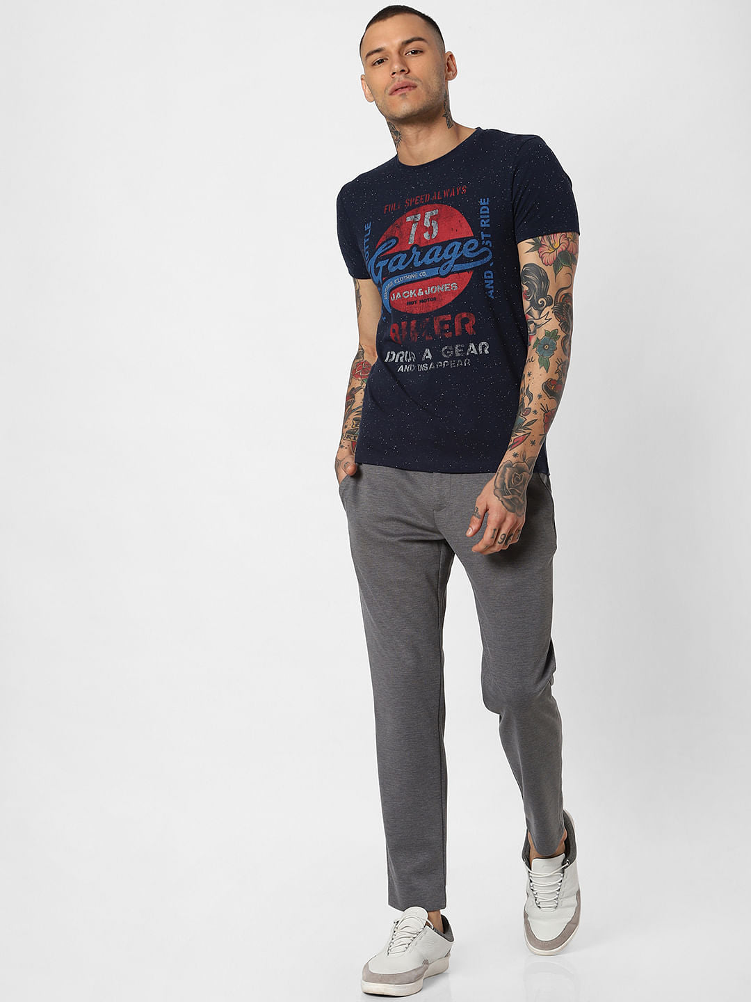 Navy Blue Typographic Print Crew Neck T-Shirt