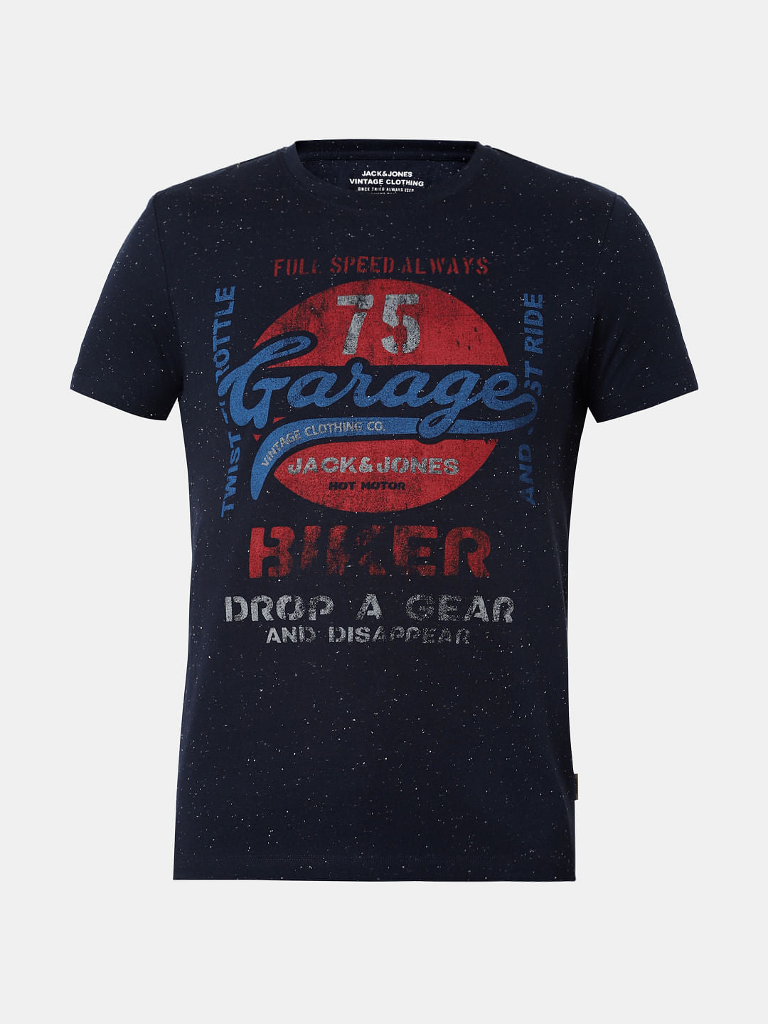 Navy Blue Typographic Print Crew Neck T-Shirt