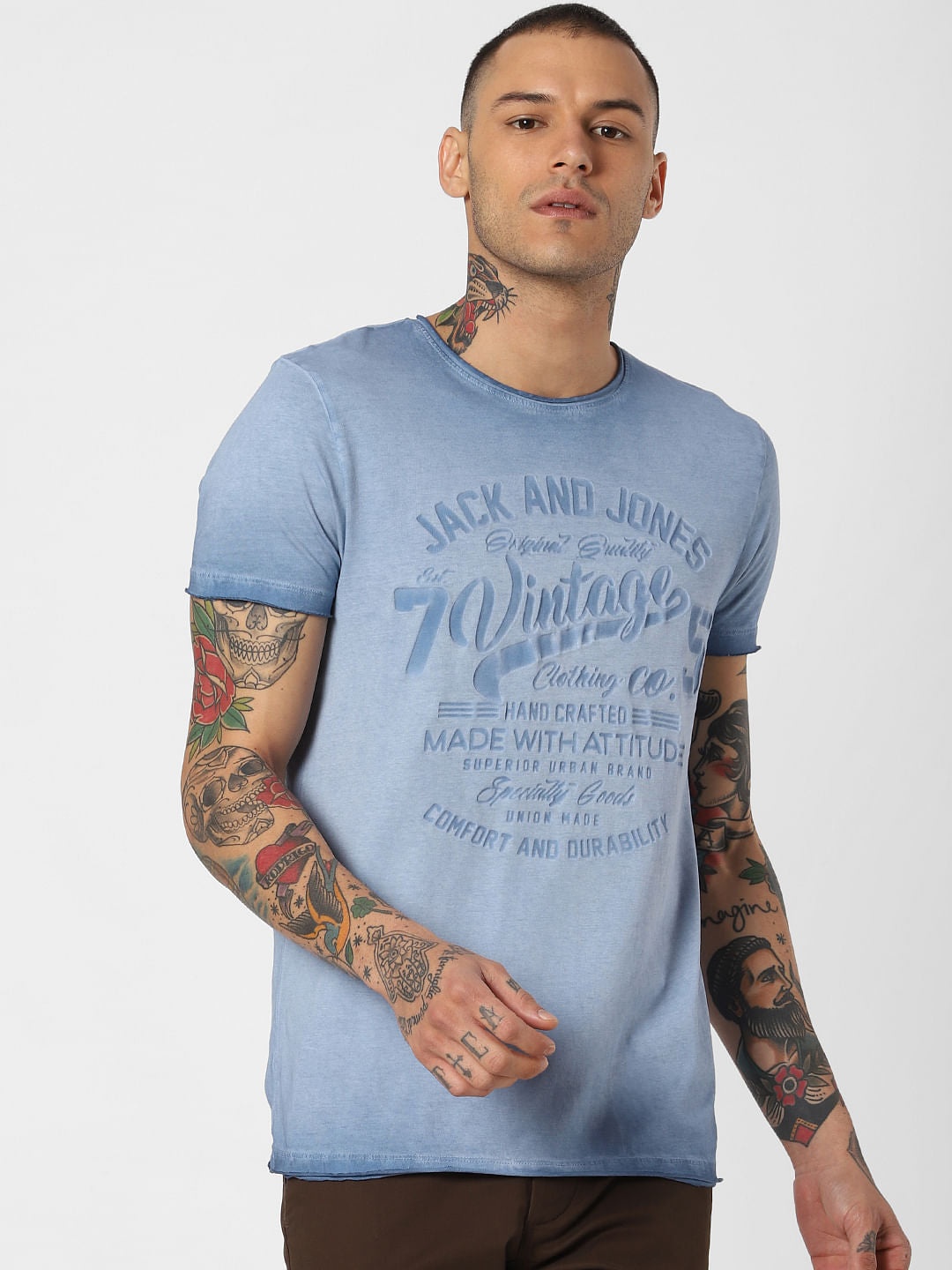 Blue Printed Overdyed Crew Neck T-Shirt