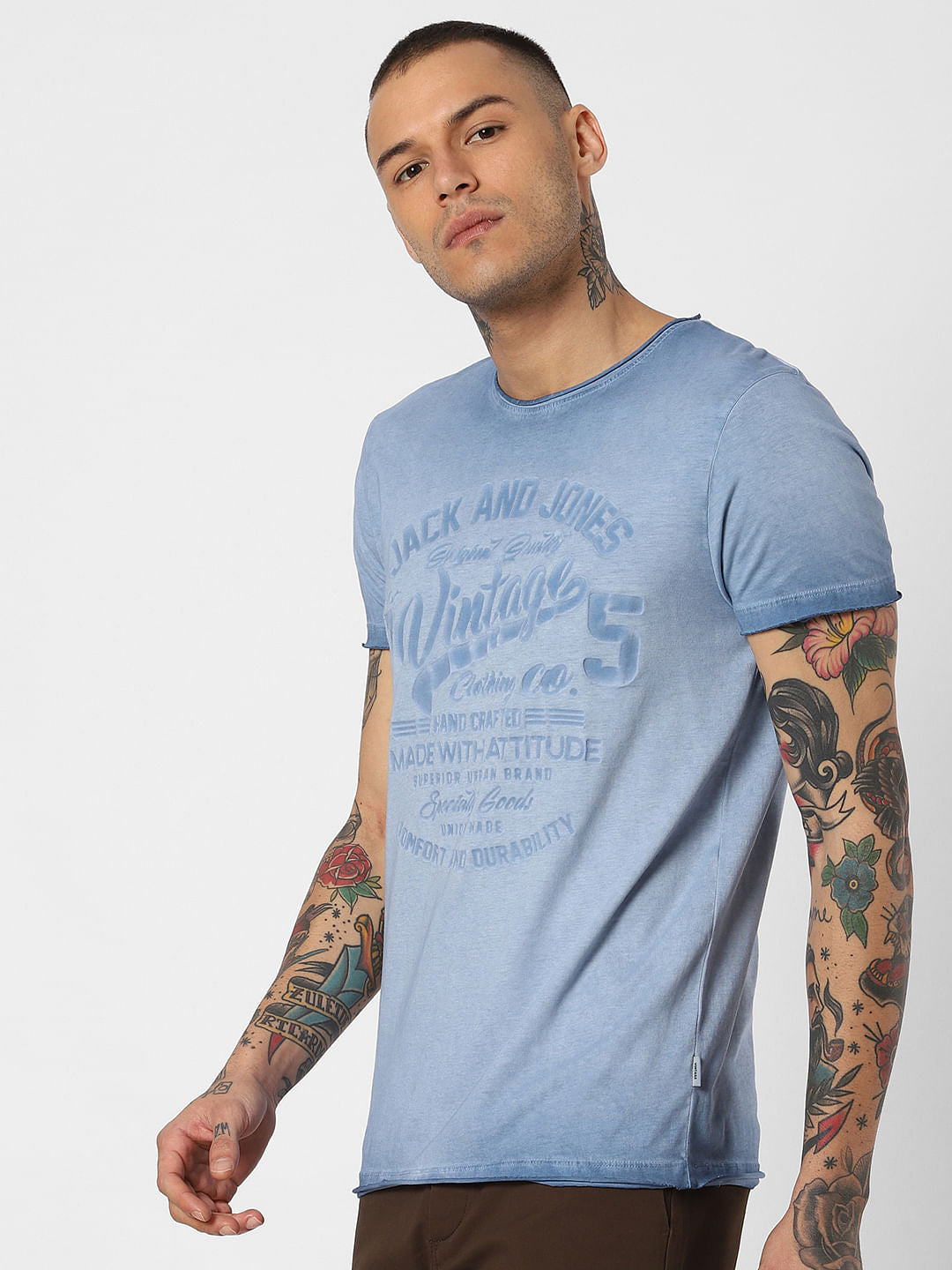 Blue Printed Overdyed Crew Neck T-Shirt