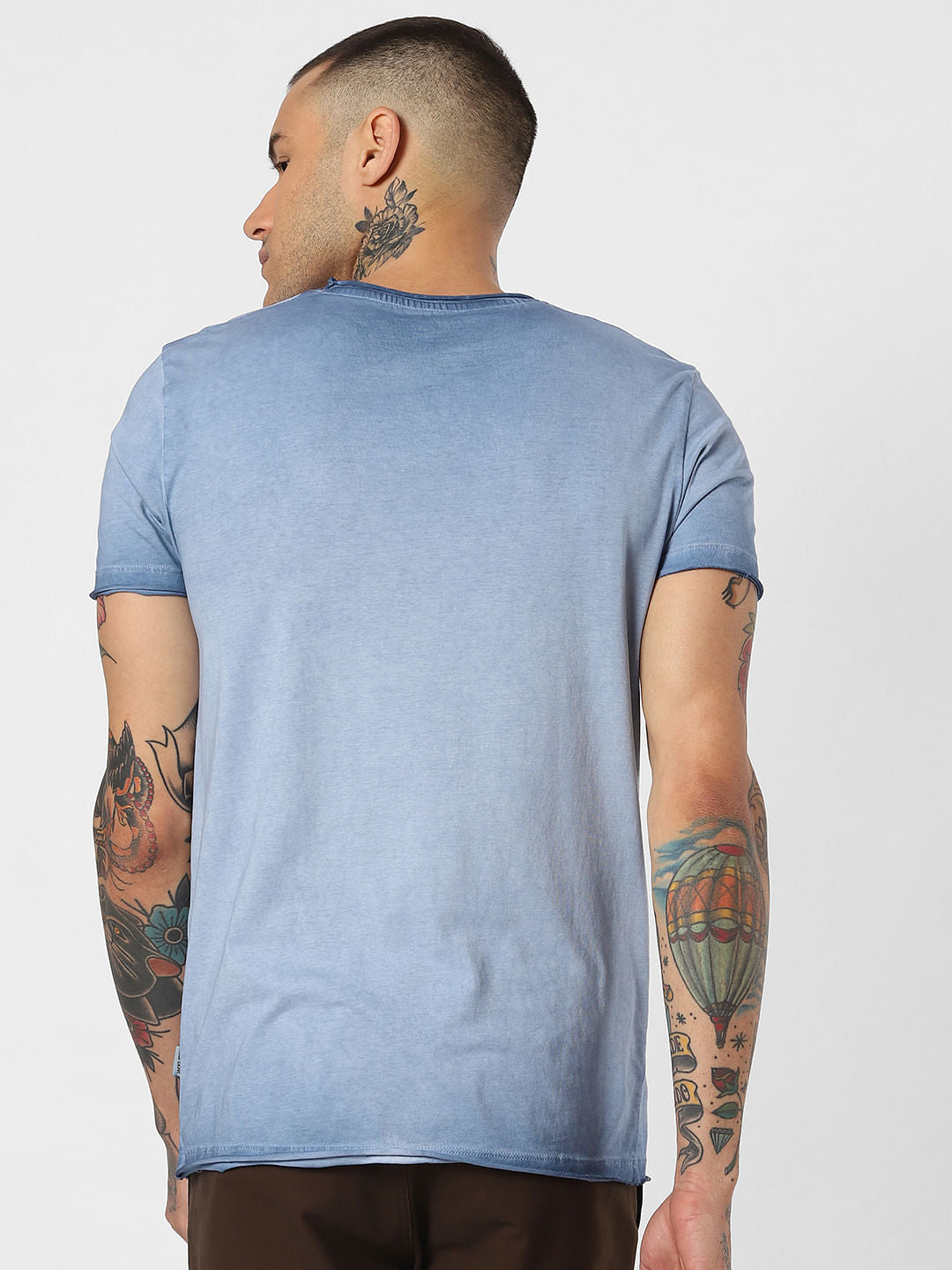 Blue Printed Overdyed Crew Neck T-Shirt