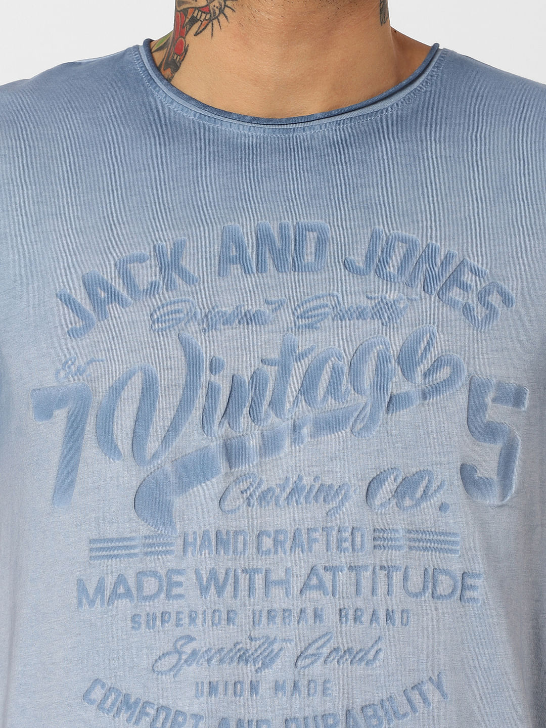 Blue Printed Overdyed Crew Neck T-Shirt