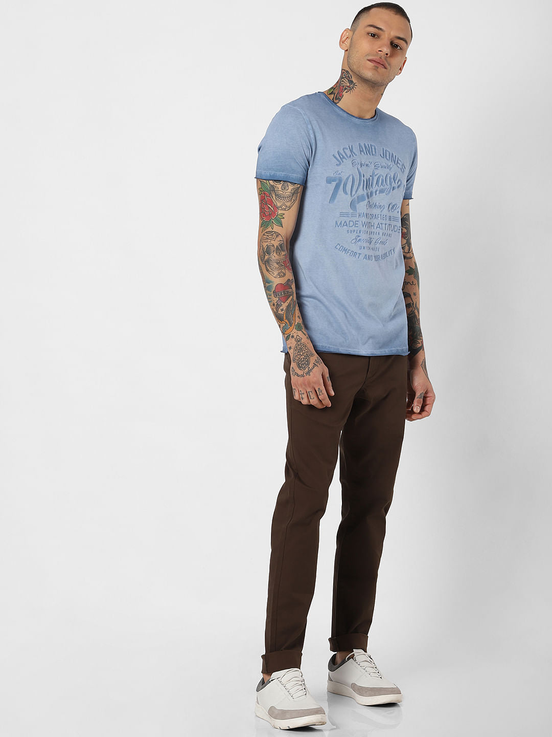 Blue Printed Overdyed Crew Neck T-Shirt