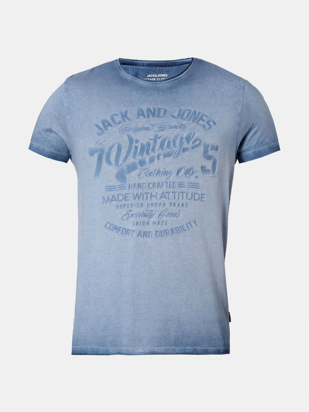 Blue Printed Overdyed Crew Neck T-Shirt