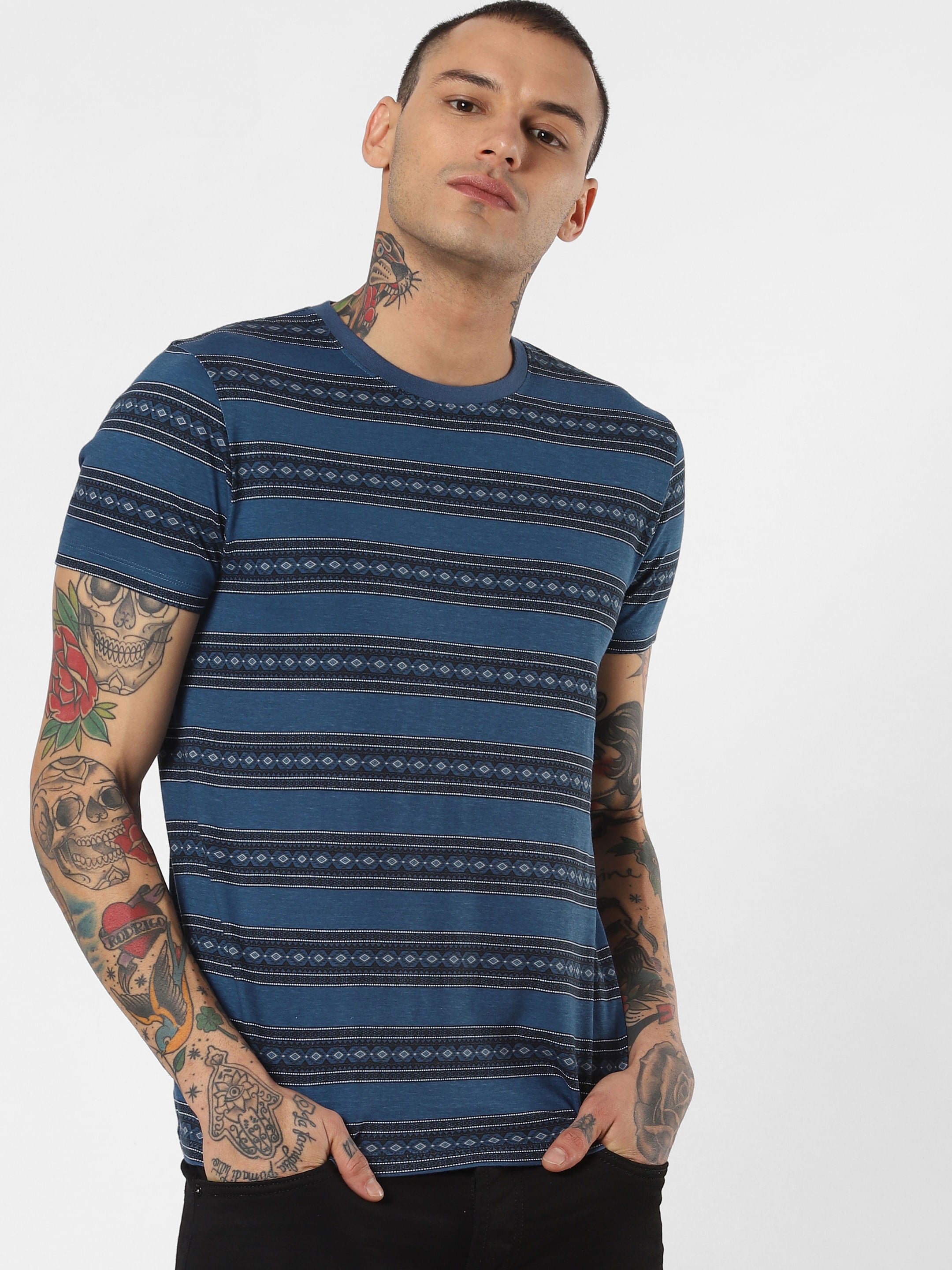 Blue Striped Crew Neck T-Shirt