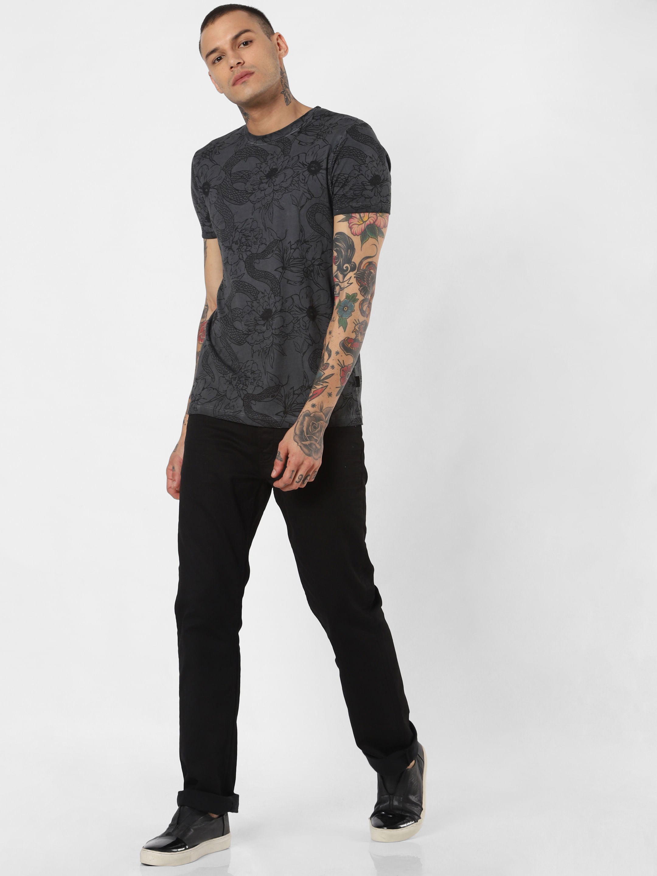 Black All Over Print Crew Neck T-Shirt