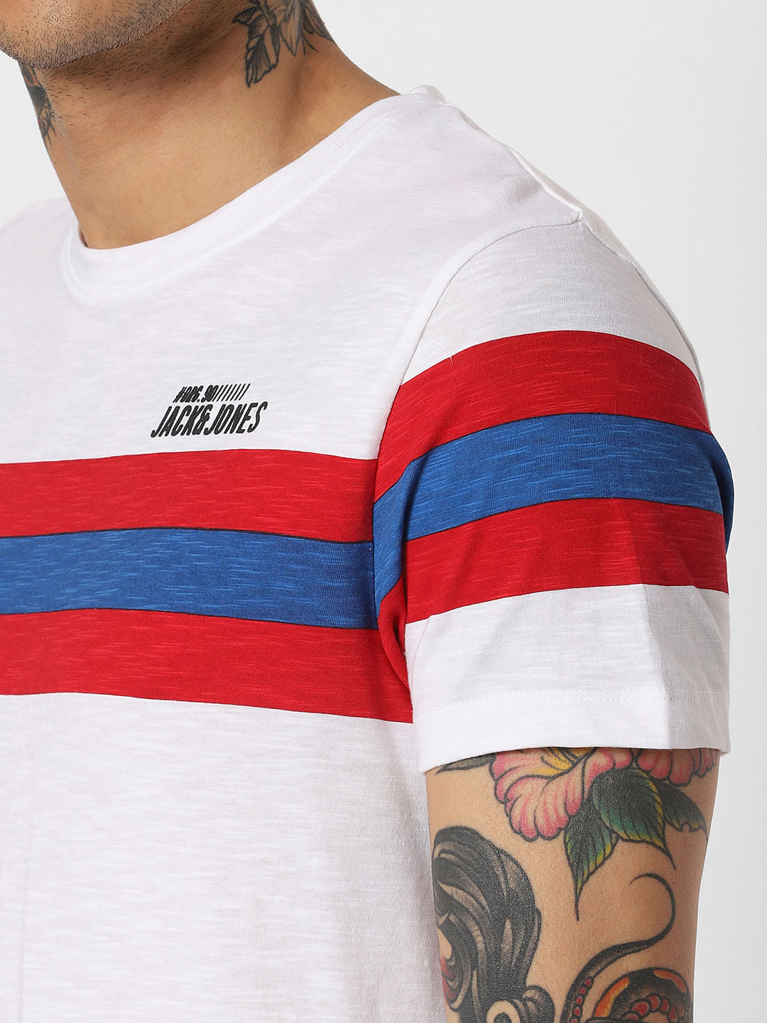 White Striped Patch Crew Neck T-Shirt