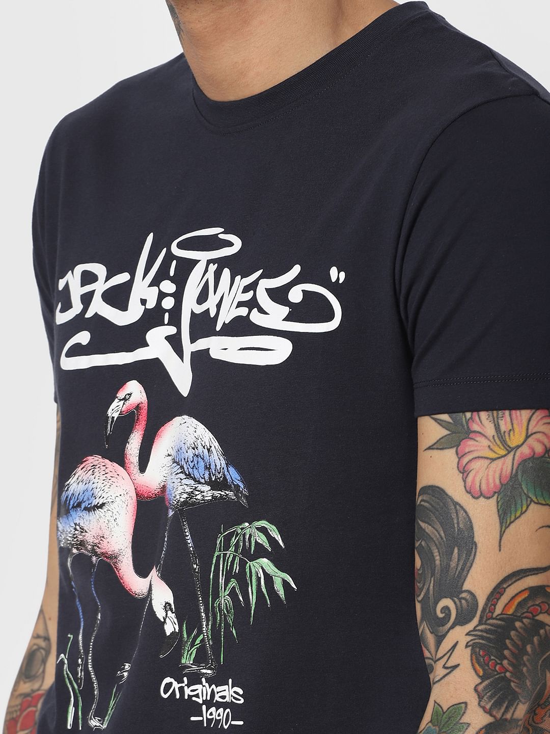 Navy Blue Flamingo Print Crew Neck T-Shirt