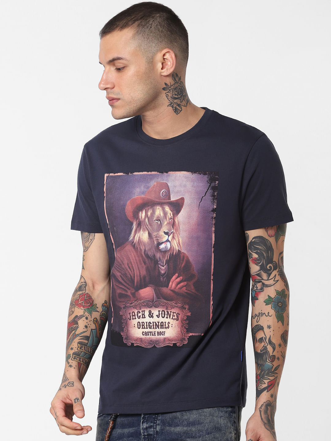 Navy Blue Graphic Print Crew Neck T-Shirt