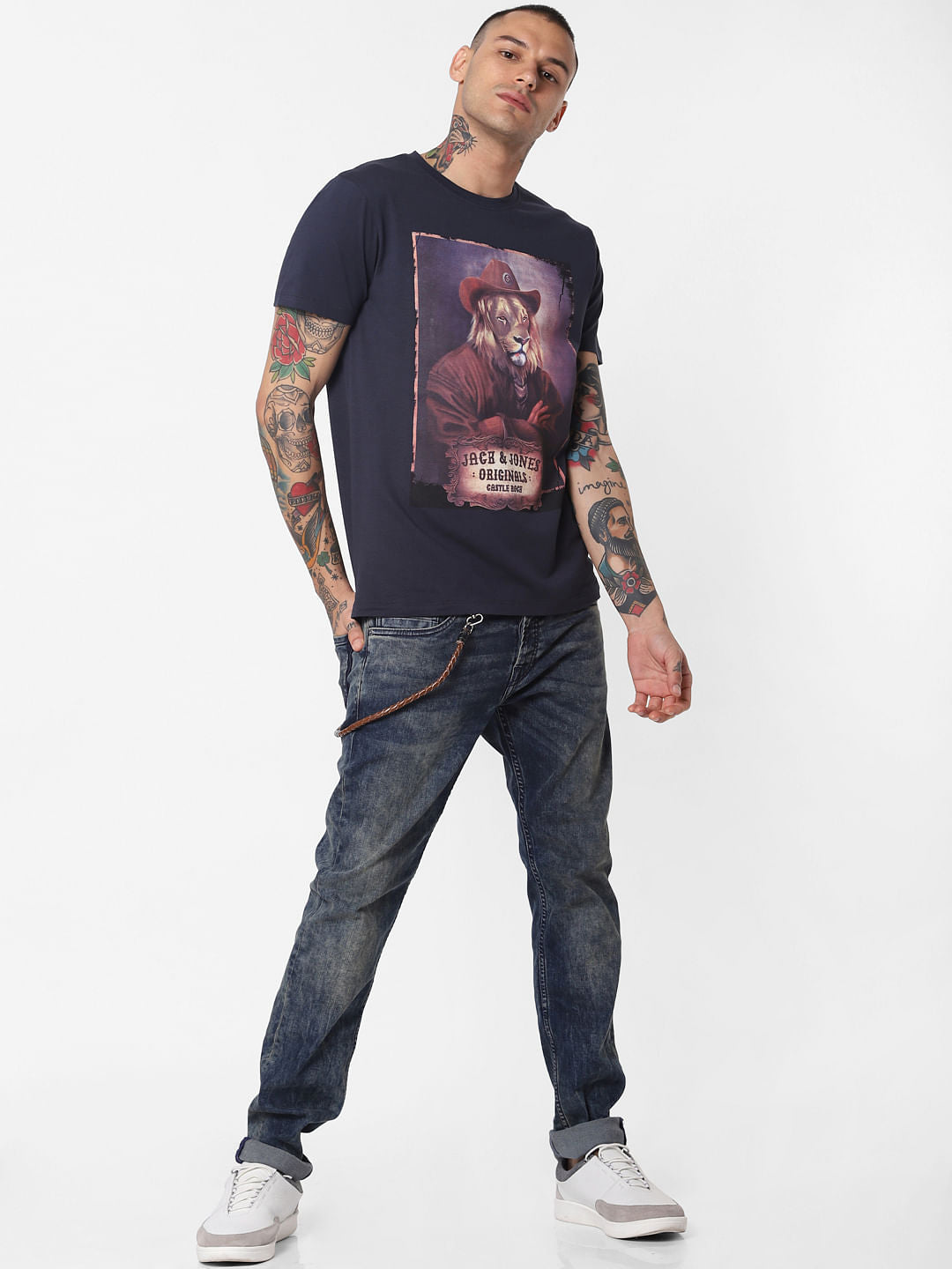 Navy Blue Graphic Print Crew Neck T-Shirt