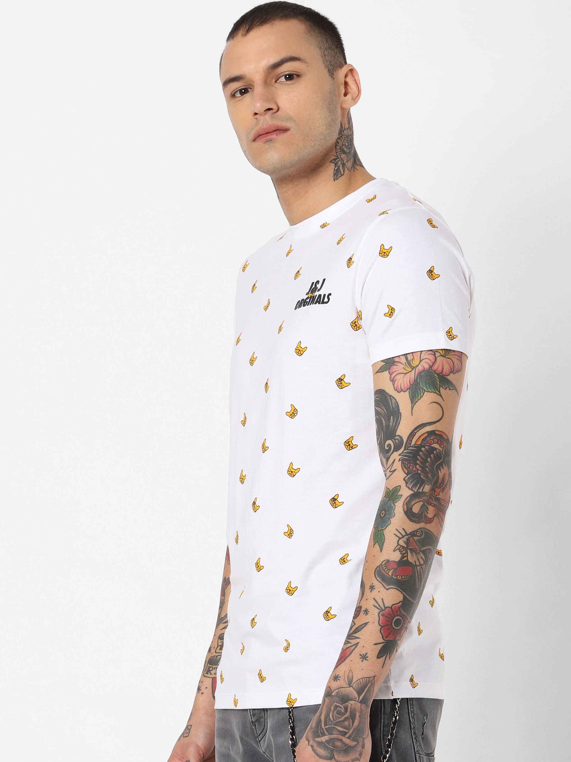 White All Over Print Crew Neck T-Shirt