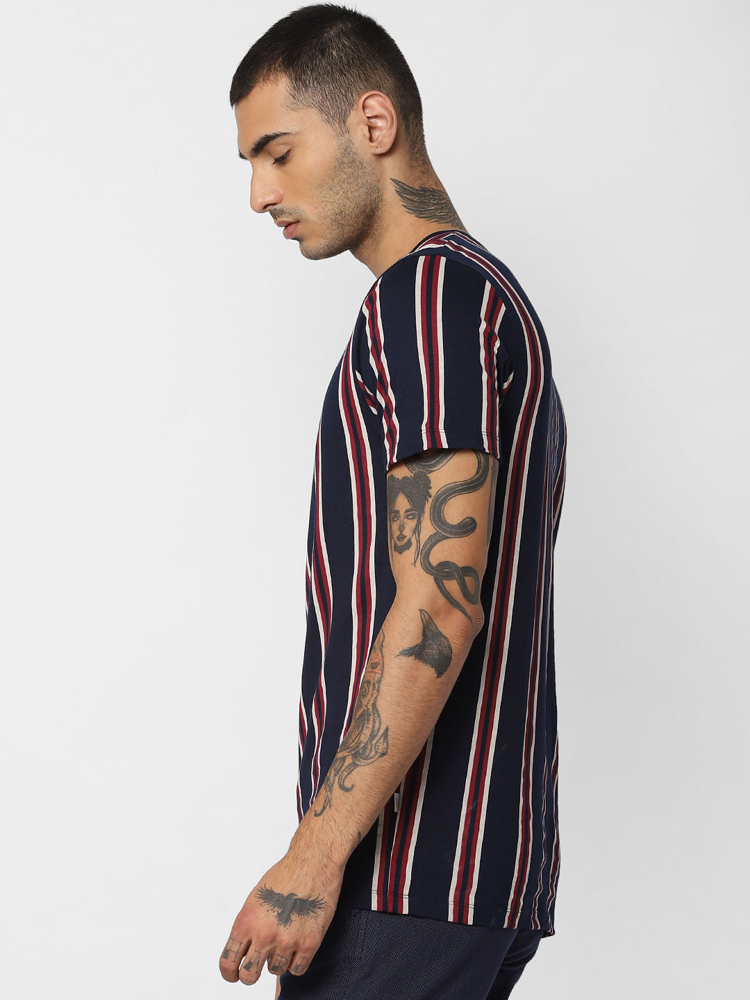 Navy Blue Striped Crew Neck T-shirt