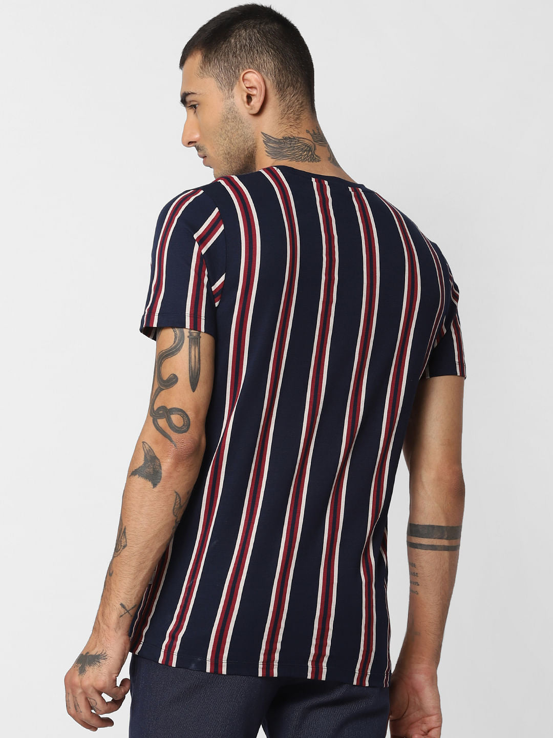 Navy Blue Striped Crew Neck T-shirt