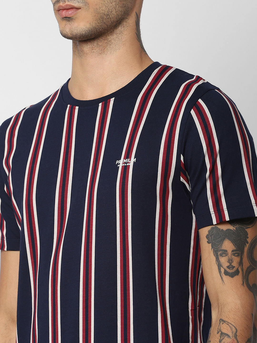 Navy Blue Striped Crew Neck T-shirt