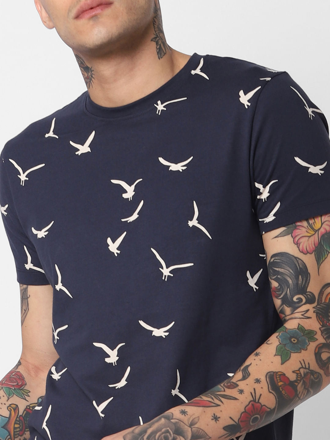 Blue Printed Crew Neck T-shirt