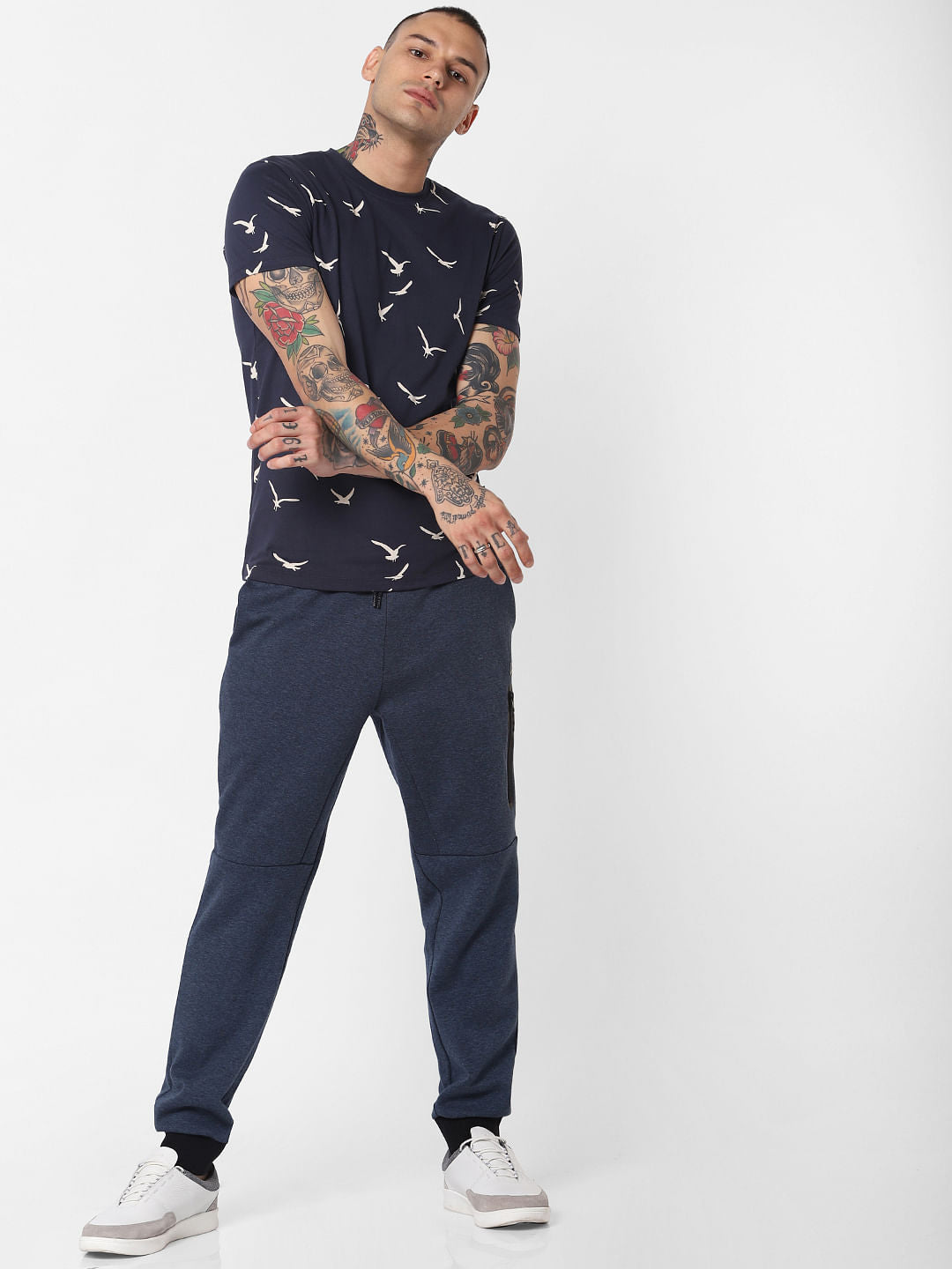 Blue Printed Crew Neck T-shirt
