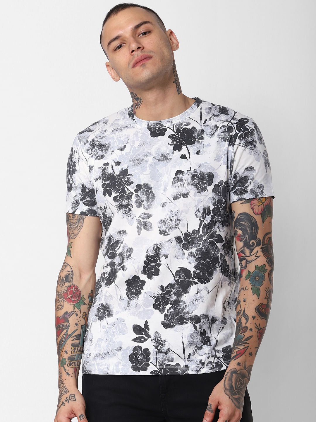 White Floral Print Crew Neck T-Shirt