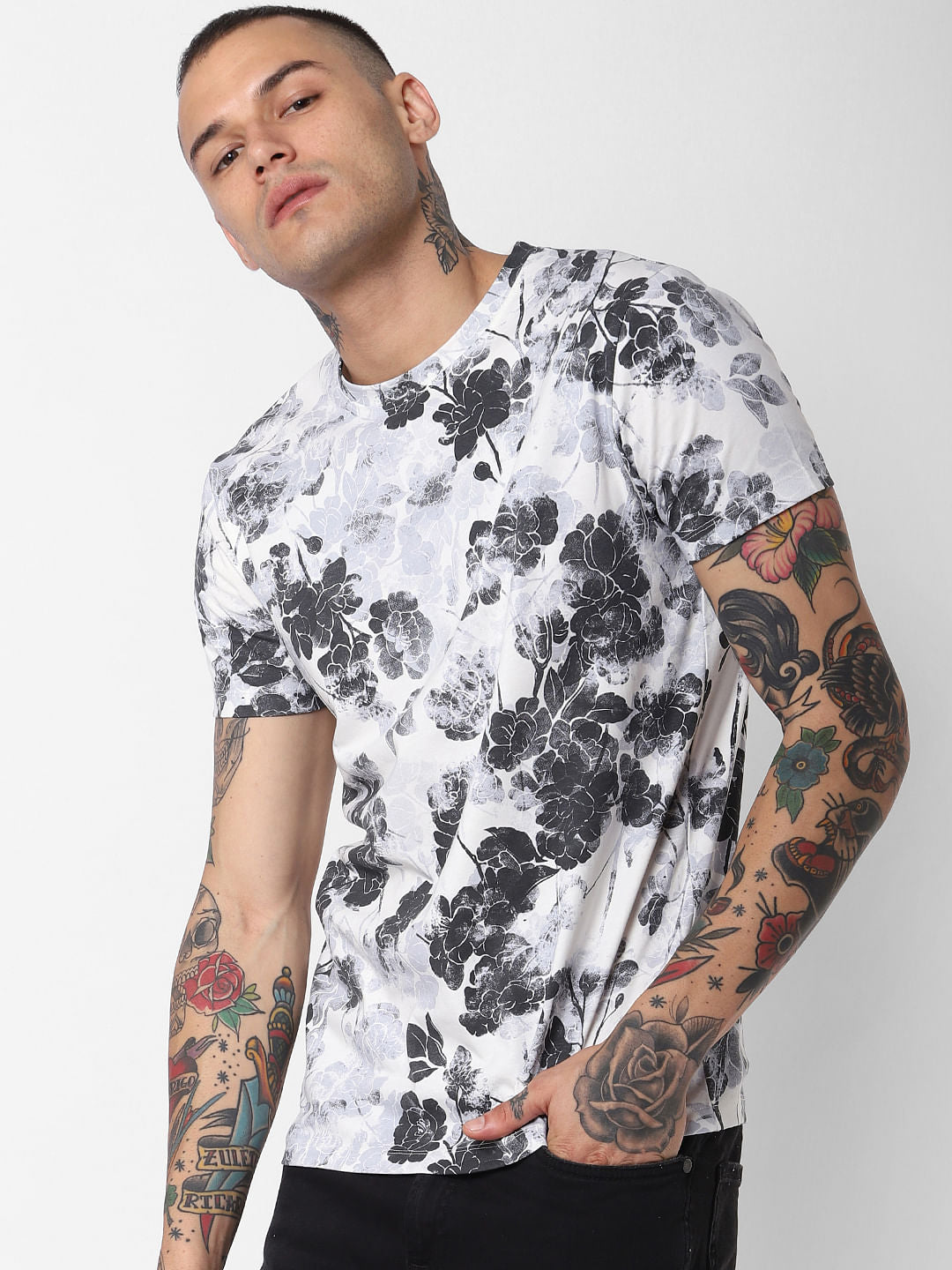 White Floral Print Crew Neck T-Shirt