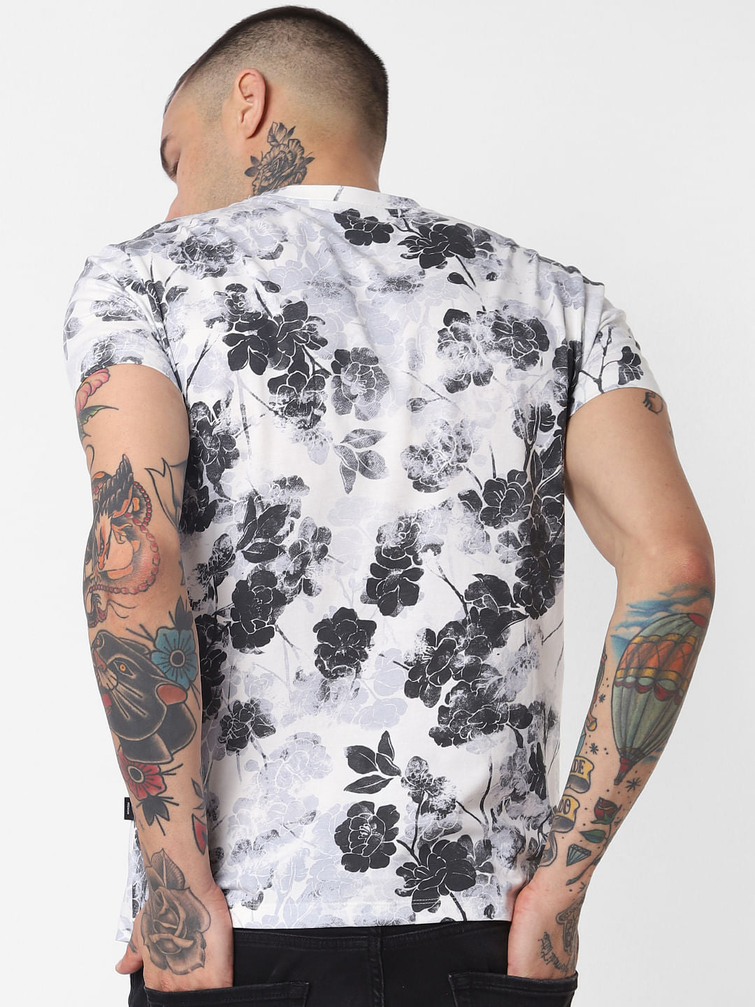 White Floral Print Crew Neck T-Shirt