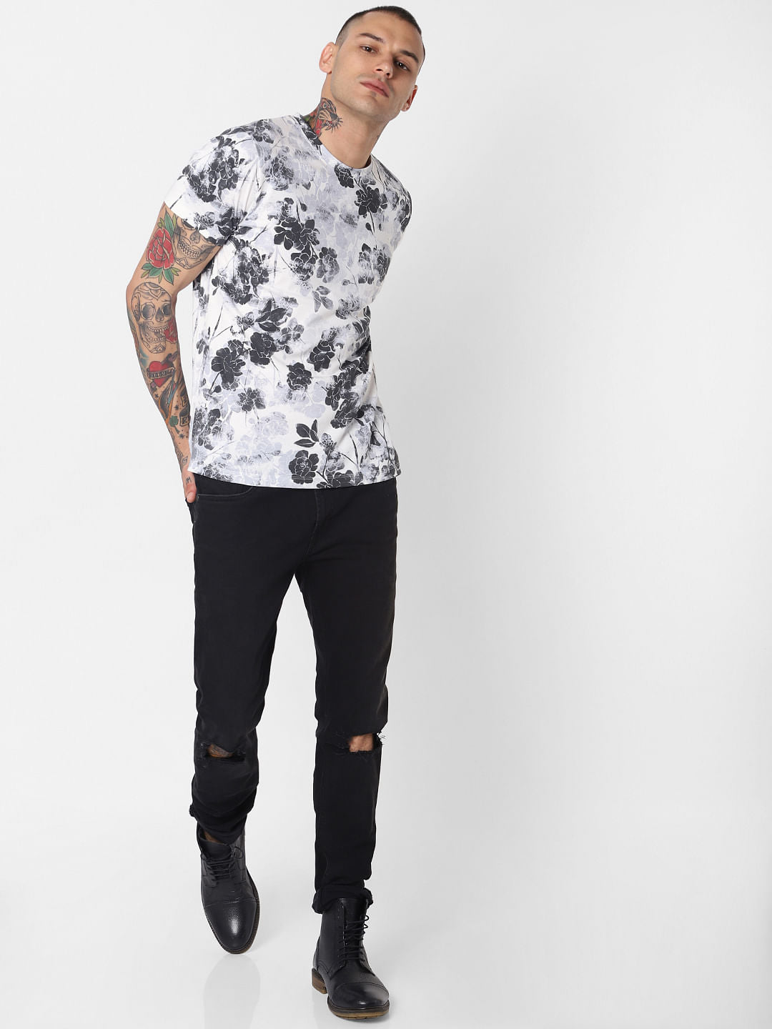 White Floral Print Crew Neck T-Shirt