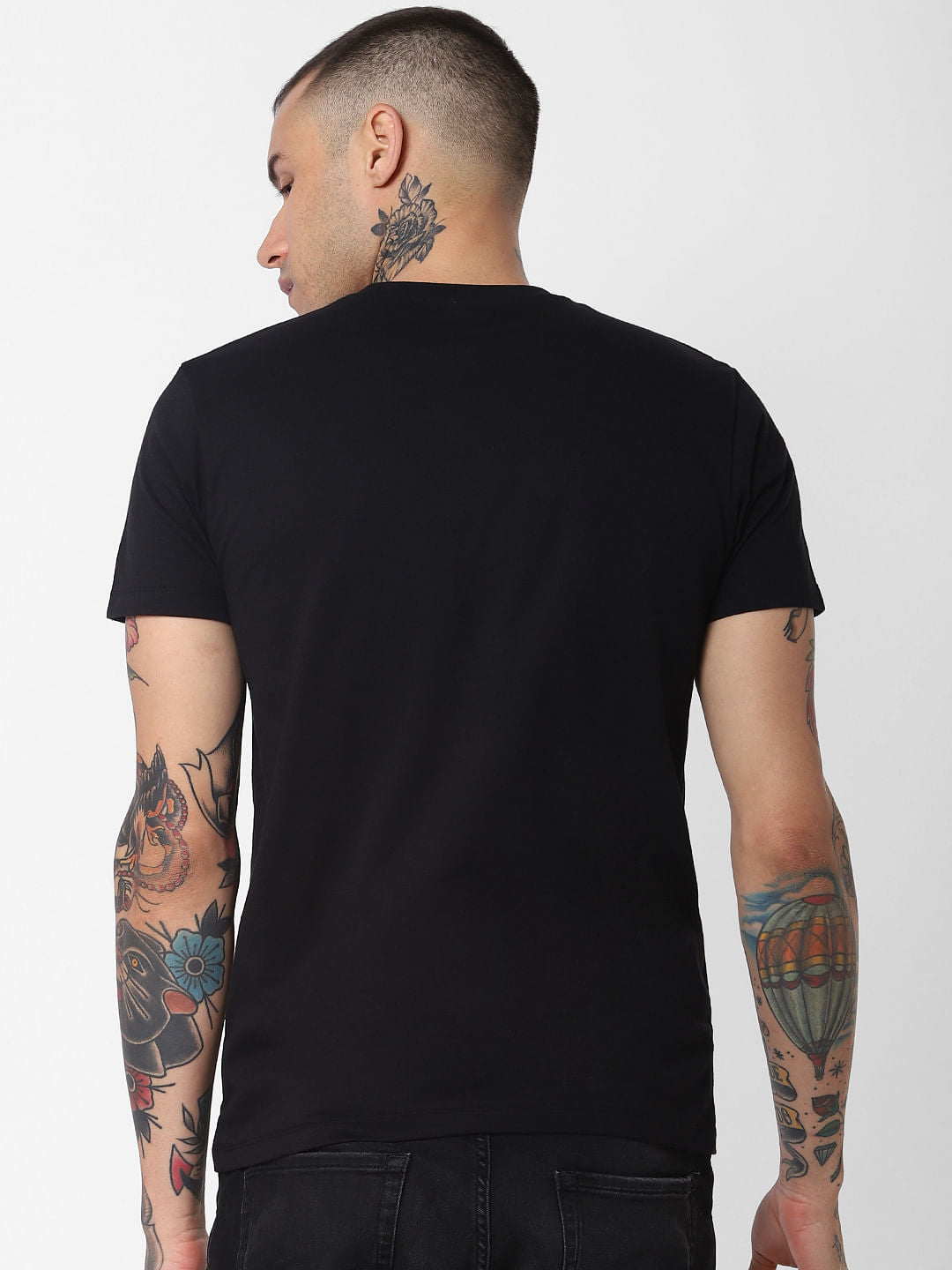 Black Patch Print Crew Neck T-Shirt