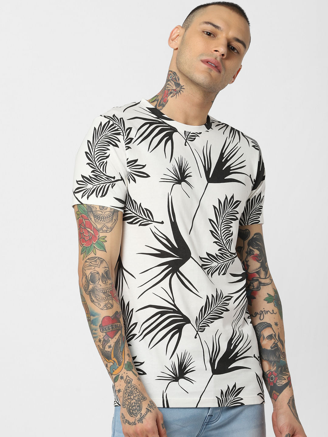 White All Over Print Crew Neck T-Shirt