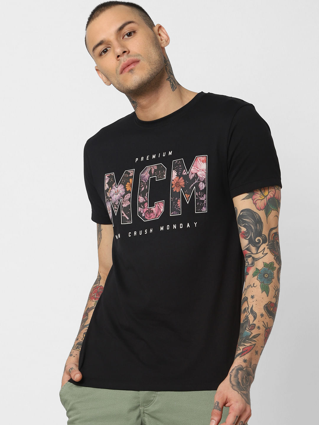 Black Typographic Print Crew Neck T-Shirt