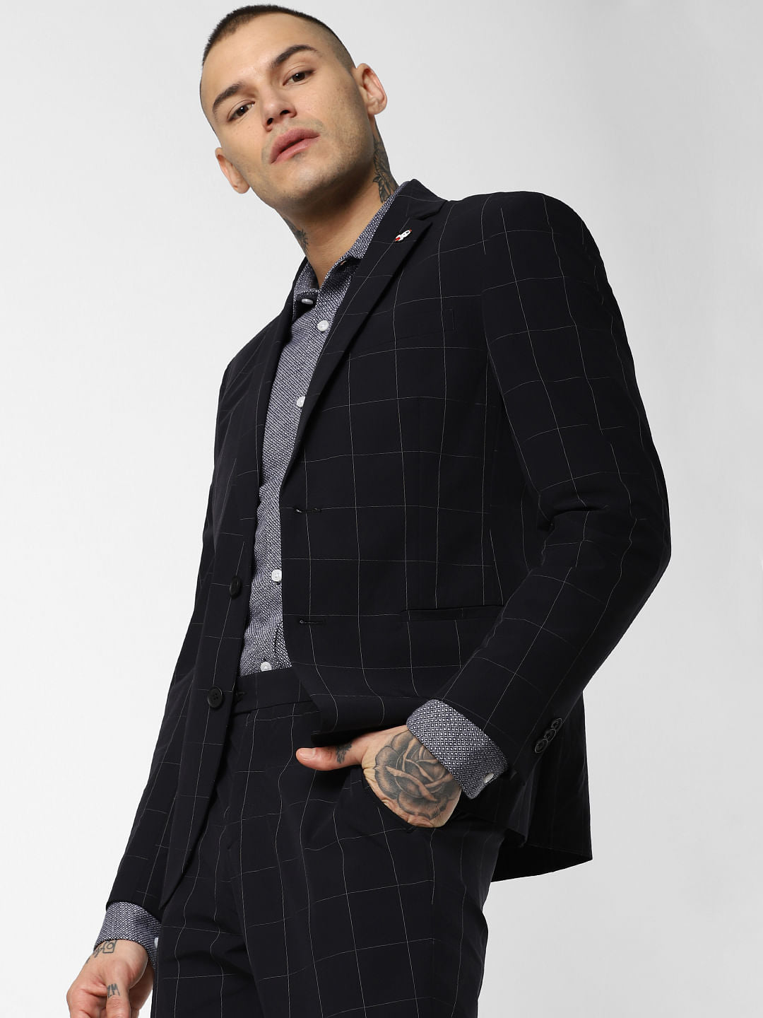 Navy Blue Check Suit-Set Blazer