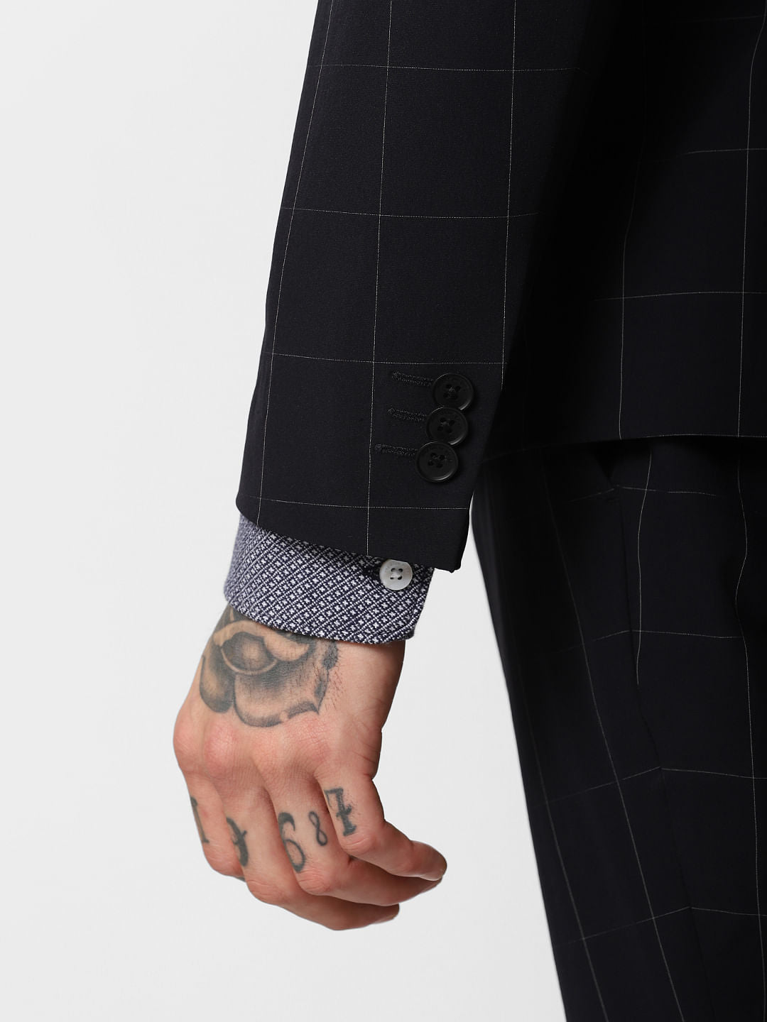 Navy Blue Check Suit-Set Blazer