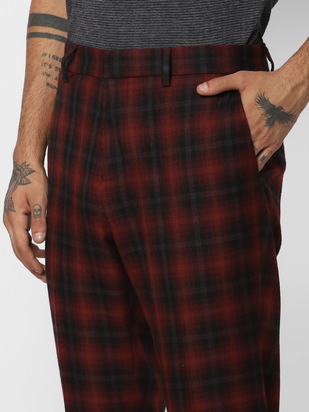 Red Check Slim Fit Trousers