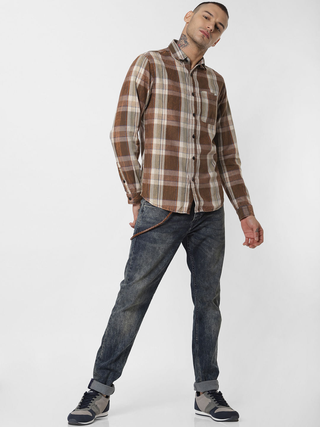 Brown Check Full Sleeves Shirt