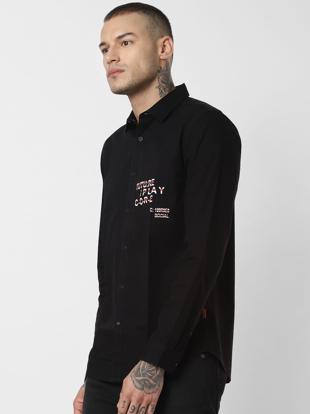 Black Text Print Full Sleeves Shirt